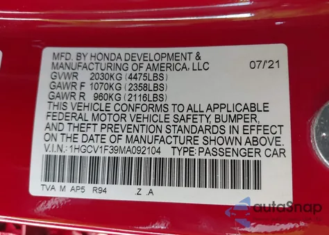 2021 Honda Accord Sport из США, поврежденный, VIN 1HGCV1F39MA092104